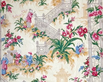 95x74 Vintage French Chinoiserie Curtain Heavy Cotton Sateen Gold Ground Pink Peonies Pagodas Garden Scenes textile Unique Wall Art Handmade