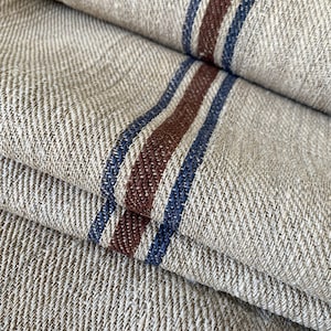 Camino de mesa/escalera orgánico Cottagecore, tela de saco de grano de cáñamo, rayas MARRÓN AZUL, baúl textil antiguo vintage a rayas