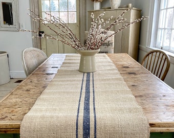 Farmhouse table runner blue stripe hand woven old hemp striped linen The Textile Trunk bringing vintage textiles from France