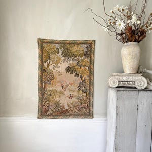 42x30 French vintage tapestry ducks flying forest scene landscape nature brown wall art textile decor neutral colors verdure castlecore
