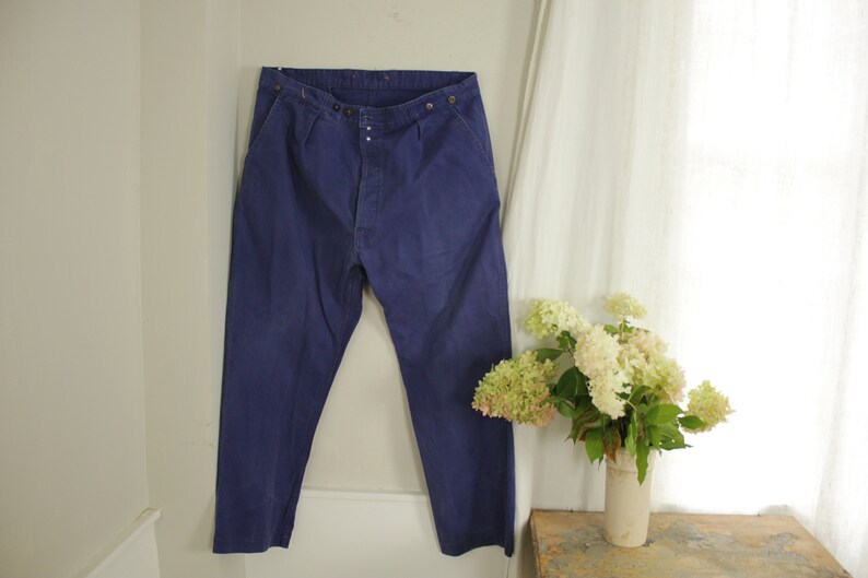 Vintage Jeans French work wear large pants shops workwear dark deep blue denim jeans hipster trousers 41 inch waist
