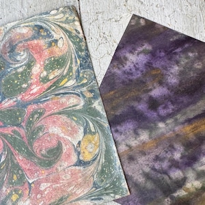 9x6 Pink Swirl & 7x6 Purple Cloud Antique French Marbled Papers 18th Century Original Pair Bookbinding Art Paper Rare Decor Sheet