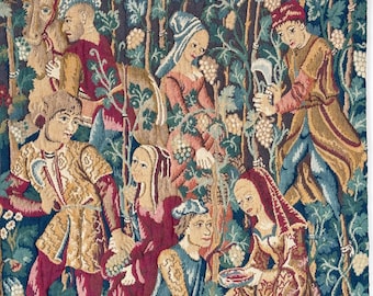 45x31 French vintage tapestry woven medieval charm knights princess people castle castlecore wall hanging art green millefleurs