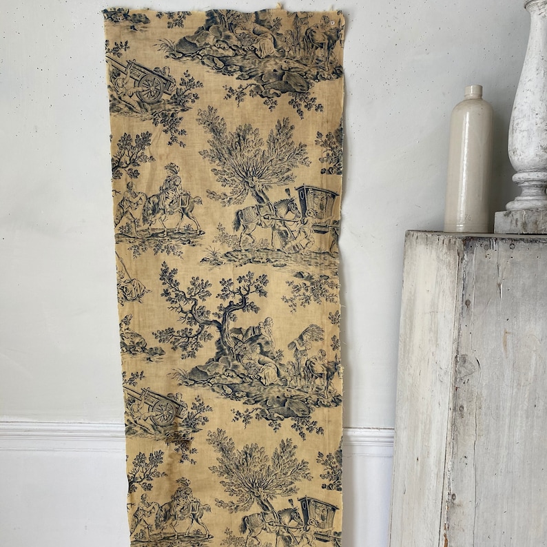 Aged toile de Jouy antique French fabric blue toile material Shabby chic French interior