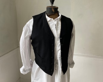 Antik fransk brun vävd tweed unisex väst/ullrandig arbetsklädesplagg boho shabby inredning miljövänlig