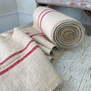 Camino de mesa/escalera orgánico Tejido de saco de cáñamo con rayas rojas Rayas Vintage antiguo Cottage Cottagecore Textile Baúl ecológico