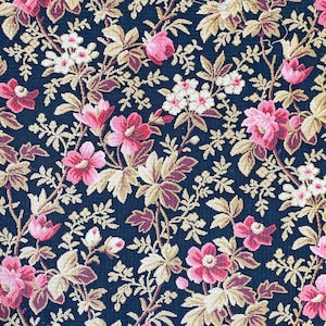Floral fabric antique French heavyweight upholstery material embroidered look black pink flowers 1890 19th century The Textile Trunk