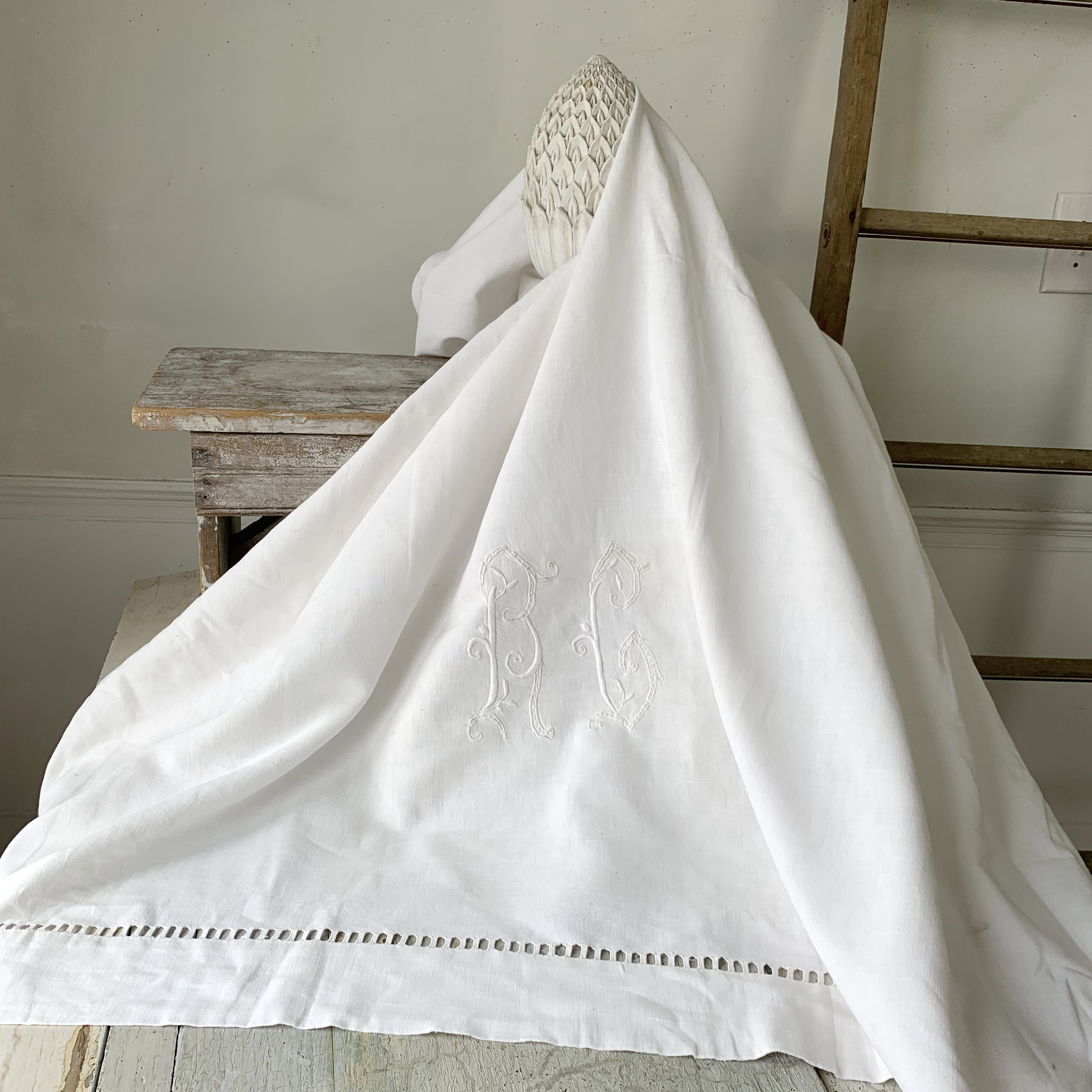 110x77 BC Monogram White Antique French Linen With