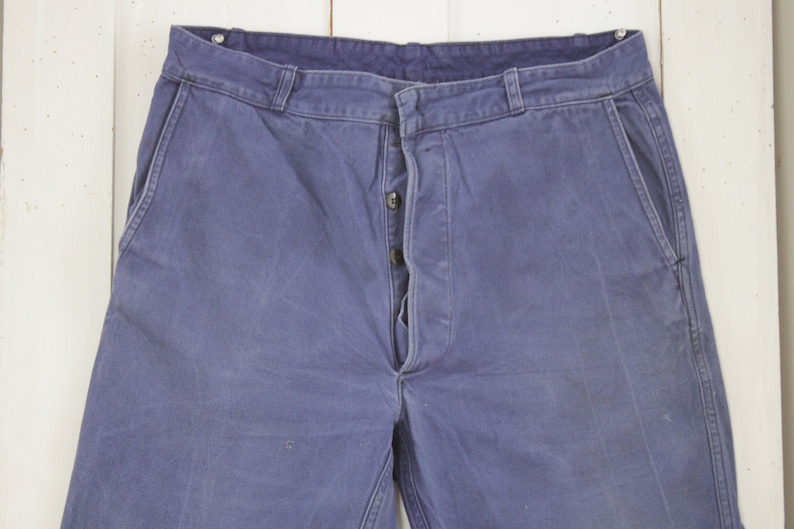 Vintage Pants French work wear dark blue denim jeans faded hipster trousers or slacks 35 inch waist