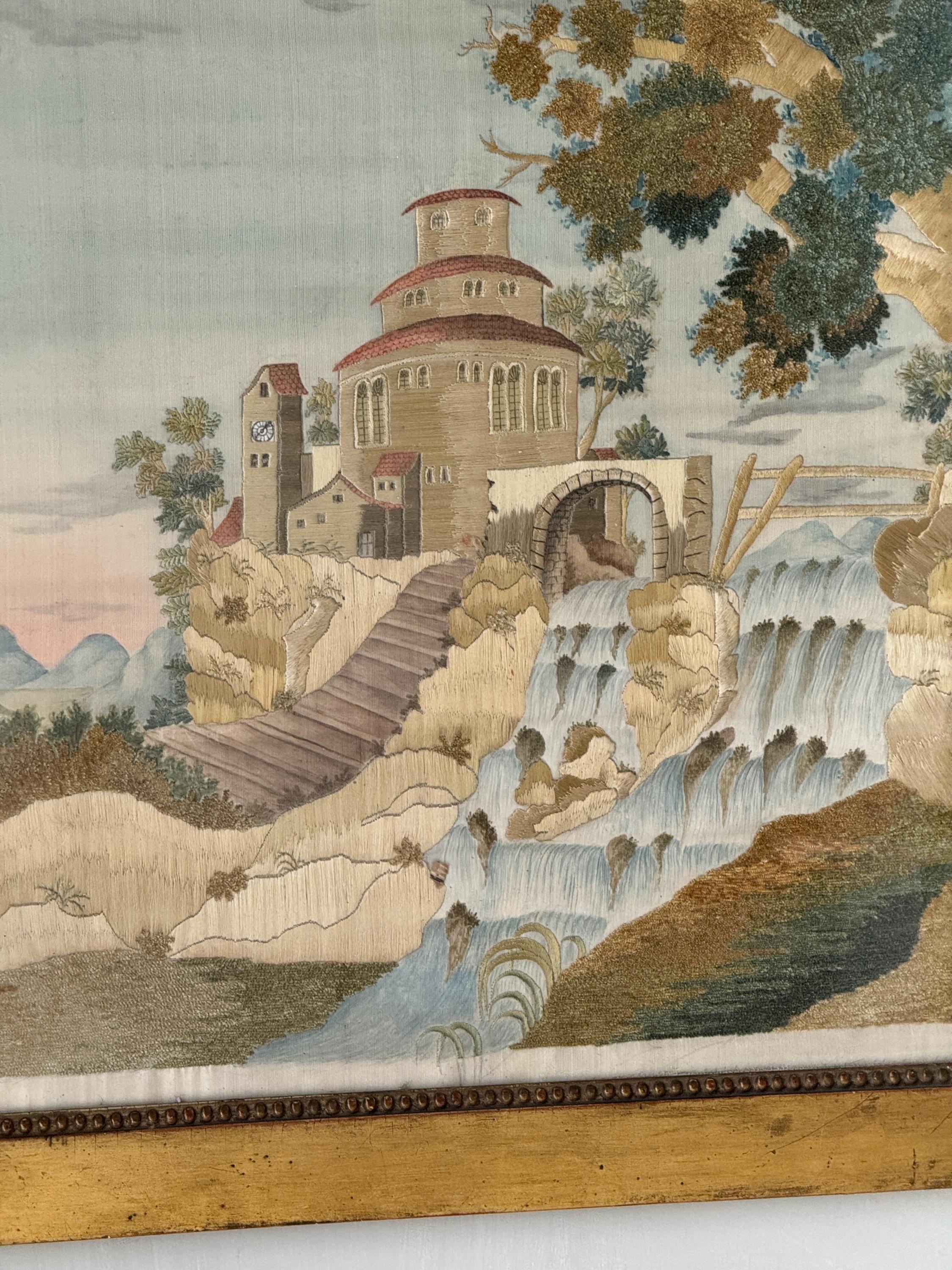 22x19 アンティークシルク刺繍絵画 1800年頃 建築風景 滝 古典的人物