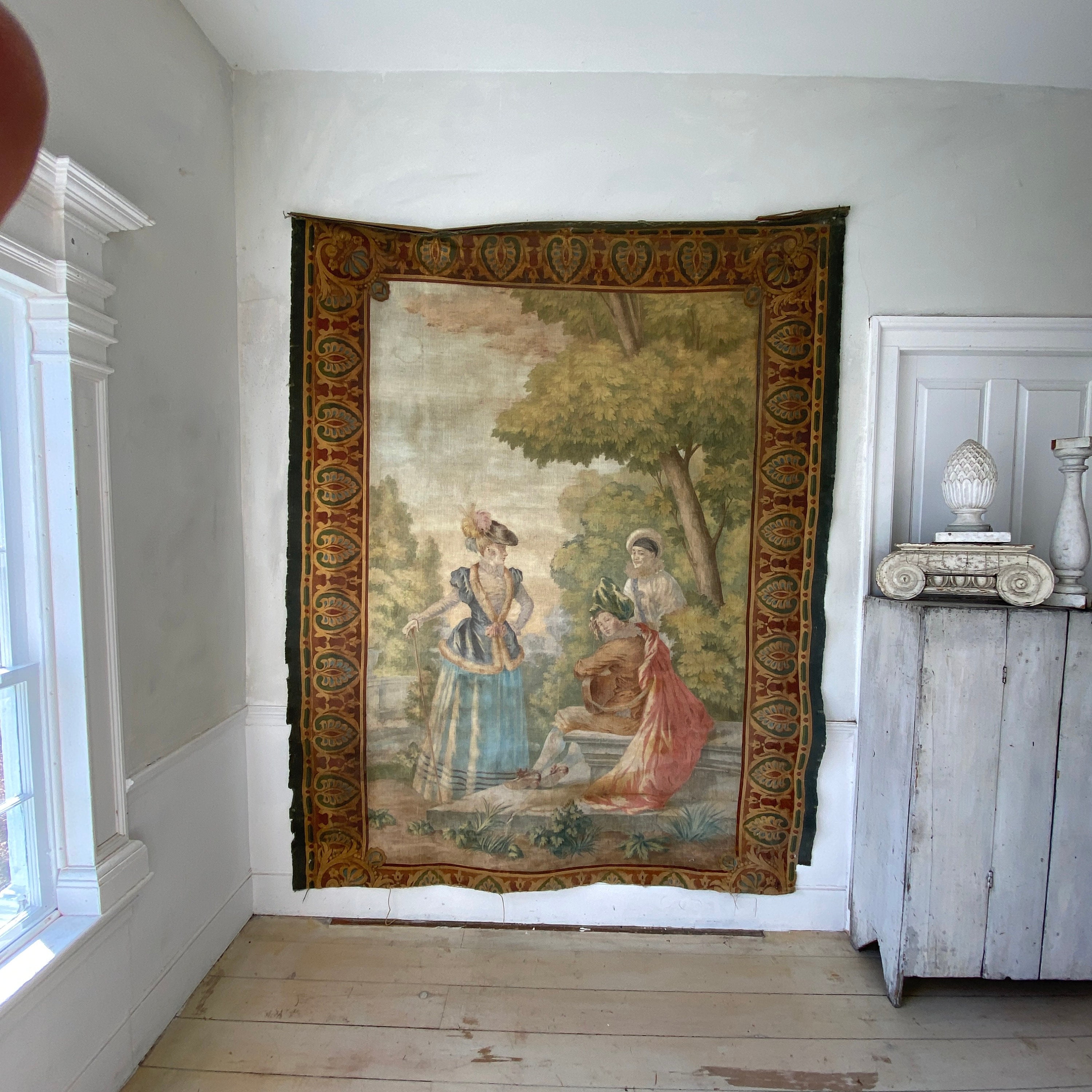 19th Century Tapestry Painting Antique Painted Wall Hanging French