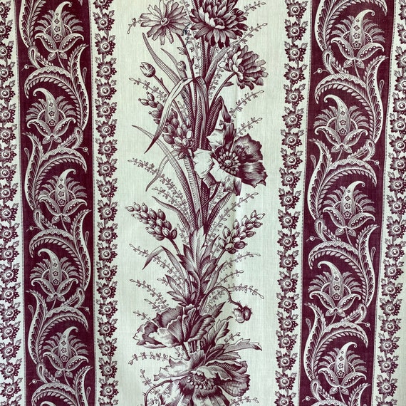 Finely Printed Monochromatic Toile French C1870 Burgundy Floral