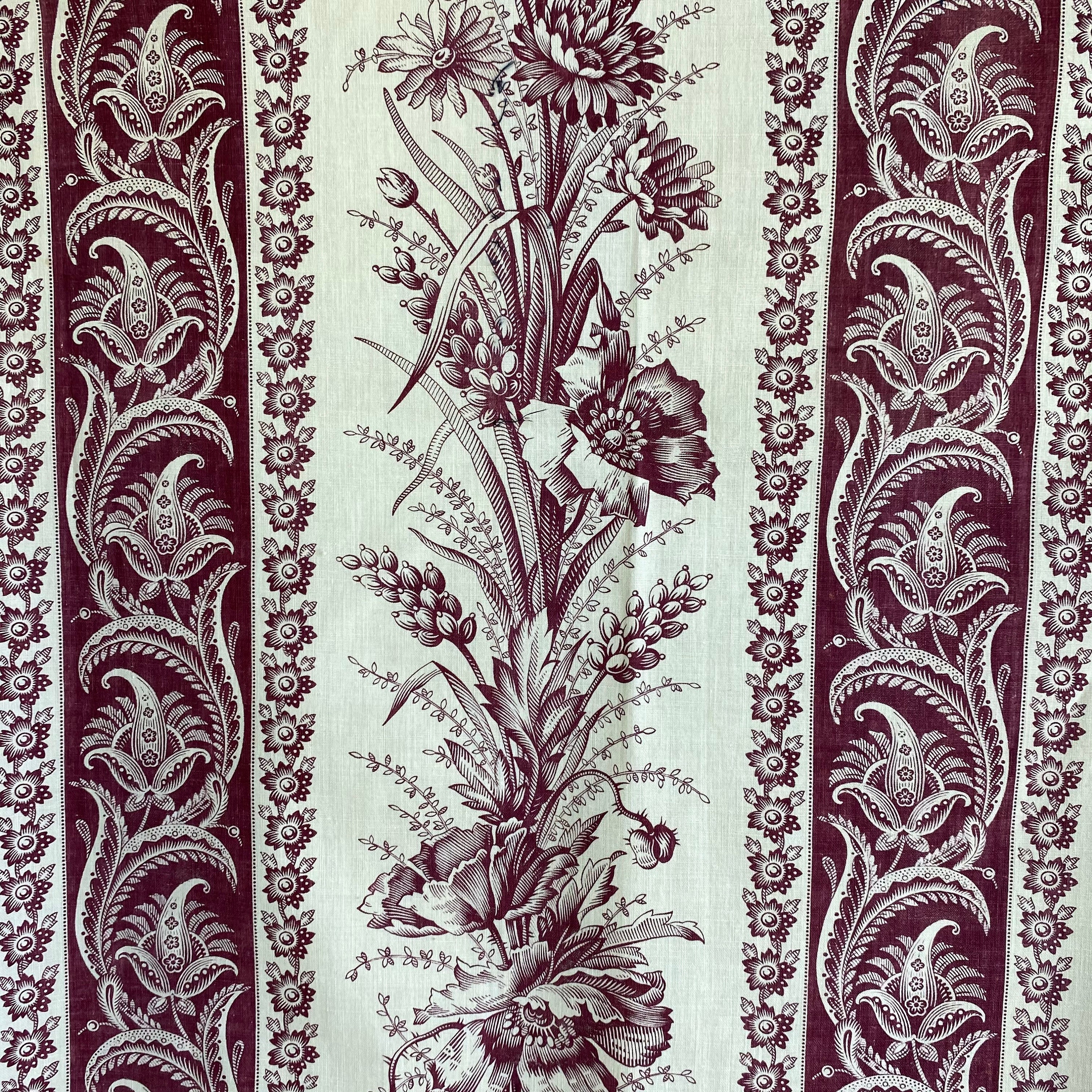 Finely Printed Monochromatic Toile French C1870 Burgundy Floral