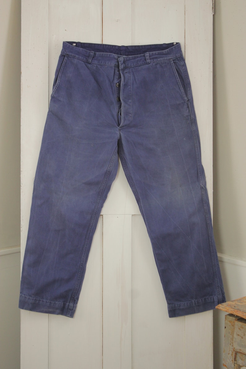 Vintage Pants French work wear dark blue denim jeans faded hipster trousers or slacks 35 inch waist