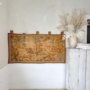 65X33 Vintage French verdure antique tapestry wall hanging art Castle Castlecore shabby cottage farmhouse chateau home decor style