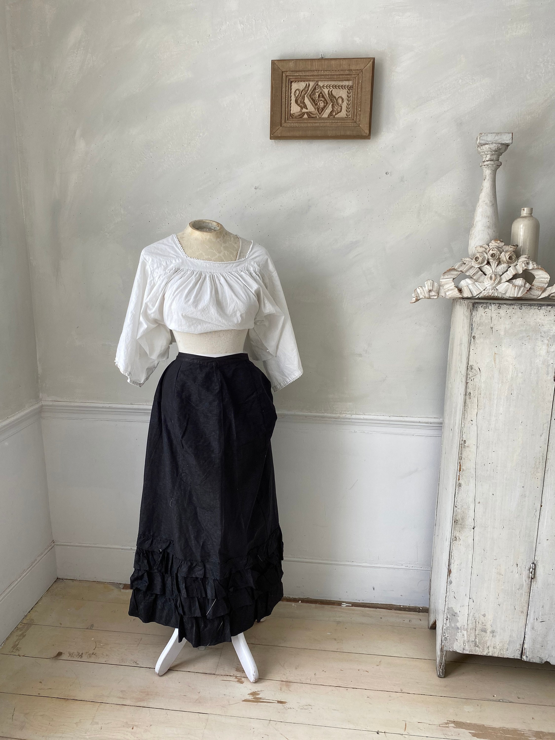 Black Silk Moiré Skirt 1880s Watered Silk French Skirt Antique 
