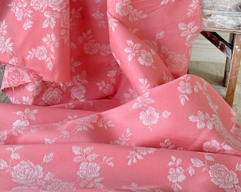Różowy materiał z adamaszku z lat 40. XX wieku, antyczny kwiatowy wzór róży, vintage, mieszanka bawełny żakardowej z połowy XX wieku, francuski materiał tekstylny, materiał do szycia