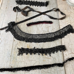 Black Antique French beaded trim  embellishments 19th century lace bits LOT Victorian passementerie eco-friendly