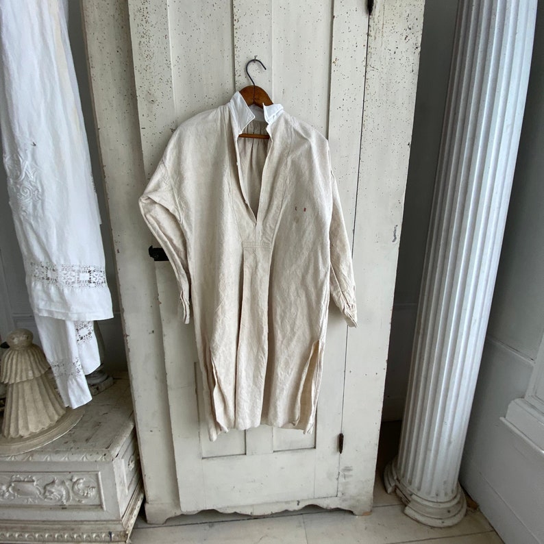 French Chemise LB Monogram Night Shirt Tunic French Linen White Hemp and Cotton Nightgown Work wear mid 1800s Workwear image 1