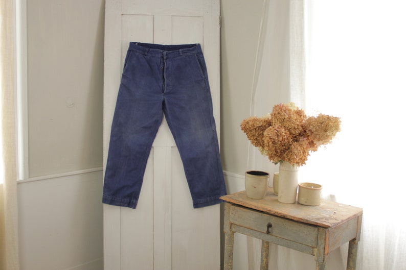 Vintage Pants French work wear dark blue denim jeans faded hipster trousers or slacks 35 inch waist