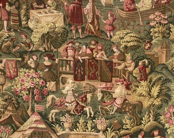 Antique French furnishing fabric Gothic Medieval scene castle heraldic green autumnal tones material upholstery clothUnique window treatment