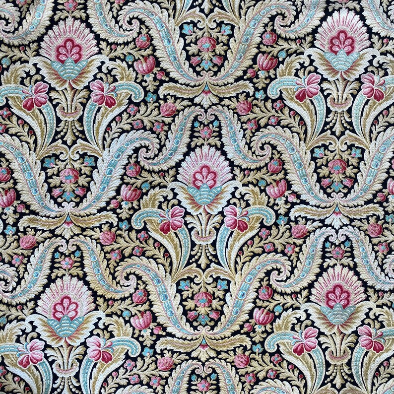 1900 Antique French black fabric floral faded heavy weight upholstery material