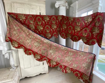 Tessuto antico francese rococò del 1860, rosso, stampato a rullo, in cotone per cuscini, tessuto vittoriano ecologico.
