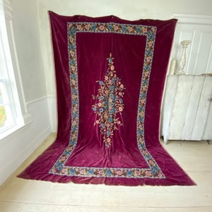 Crewelwork crewel work Antique Victorian Purple Velvet Embroidered Embroidery bed cover textile curtain Magnificent hand work Jacobean em image 1