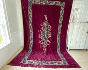 Crewelwork crewel work Antique Victorian Purple Velvet Embroidered Embroidery bed cover textile curtain Magnificent hand work Jacobean em