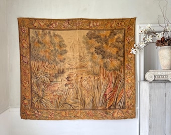 75x65 Tapestry Antique French Verdure Wall Hanging Textile Birds Castle Scenic Jute Backed Earth Tone Decor unique wall art handmade