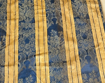 122x24 French Silk Cotton Damask Fabric Blue Gold Stripe Floral Antique Textile Heavenly Wall Art Shabby timeworn curtain 1870