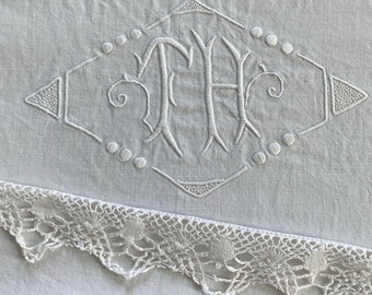 TH Monogram  Antique French linen cotton sheet hand made lace Cottagecore cottage style  country style The Textile Trunk