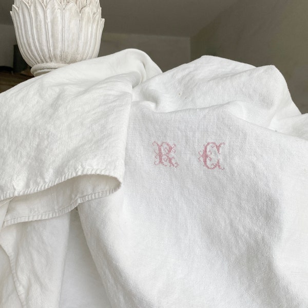 Nappe RC monogramme Antique Français linge de table vintage blanc linge de table Cottage Country style cottagecore La Malle Textile