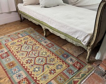66 x 39 vintage Turks kelimtapijt handgeweven wollen flatweave kleurrijke geometrische tribal boho decor muur of vloer textiel gedempte aardetinten tapijt