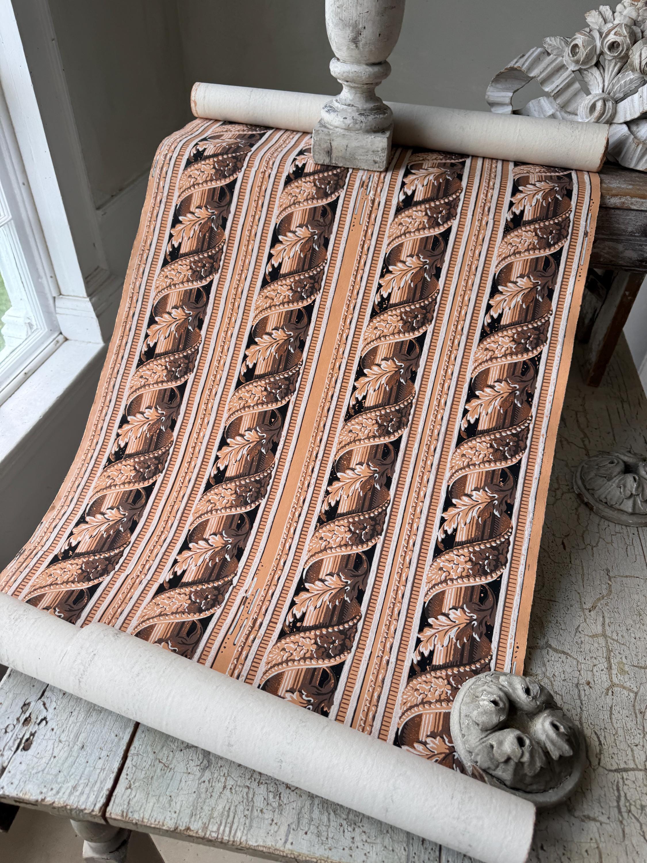 5.1yd 1900 Antique French Wallpaper Pattern Design Brown Tan Stripe ...