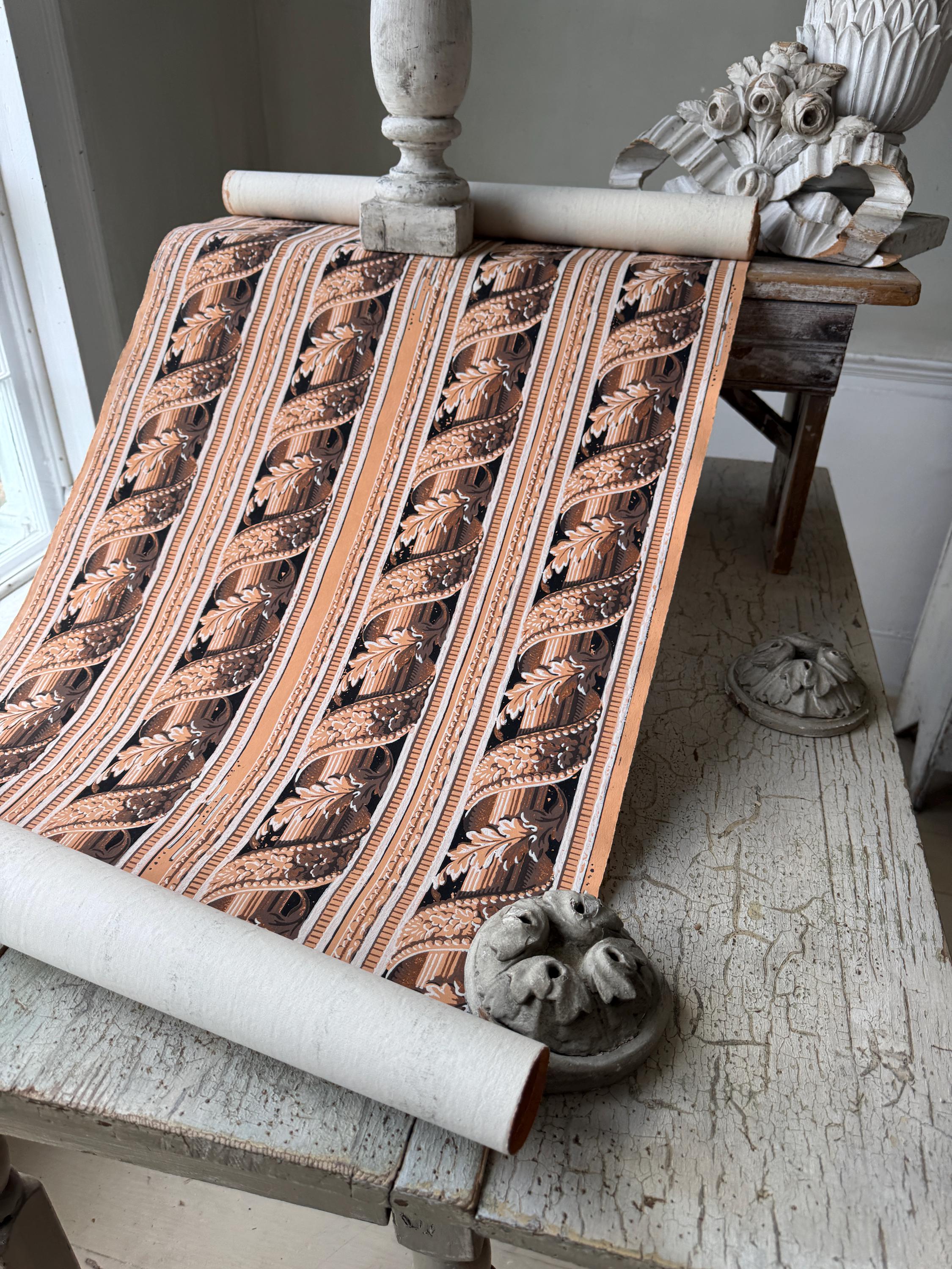 5.1yd 1900 Antique French Wallpaper Pattern Design Brown Tan Stripe ...