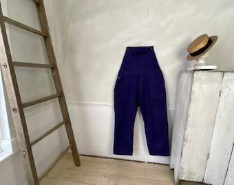 Vintage Overalls French Blue Denim 1950s 40 inch waist Cotton Pockets French Workwear Work Wear Chore Wear Coastal home  Boho steampunk