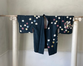 Vintage hand stitched  blue LOVELY Japanese Kimono silk Woman's clothing clothes Coastal home  eco-friendly