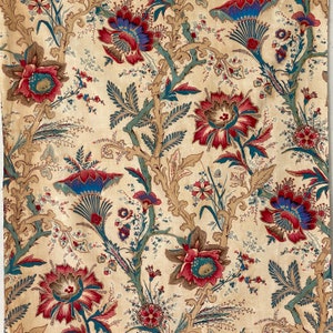 Antike Tagesbettdecke 1810 im Alter von PATINA französischer Indienne-Stoffvorhang Handblockdruckmaterial Textilhandblockdruck Frankreich Land