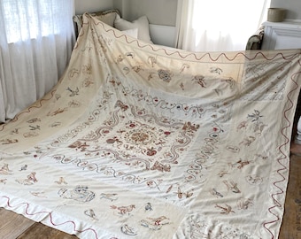 Needlework Embroidered Antique Bedcover coverlet bed spread RARE The Textile Trunk 1818 King size primitive naïve