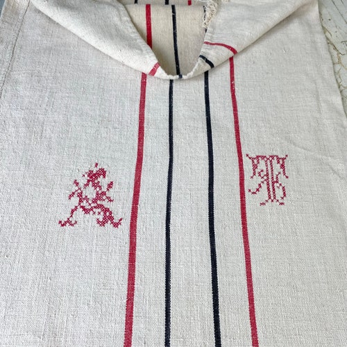 Grain shops sack black red stripe grainsack bag linen stripe AT monogram textile feedsack feed bag antique vintage 1900 European laundered washed