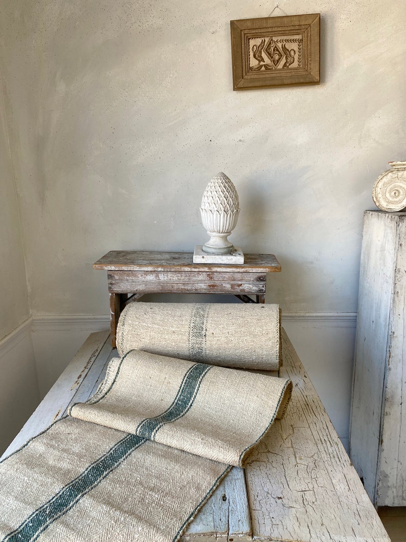 Stair Runner Heavy Hemp Grain Sack Fabric by the yard with Green Stripes herringbone Weave Antique Linen image 2