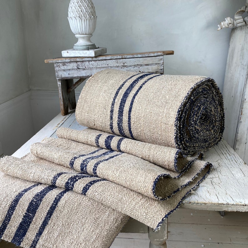 5 YARDS piece Stair runner heavy hemp Grain sack Fabric by the yard dark blue Antique homespun linen The Textile Trunk Modern Farmhouse image 1