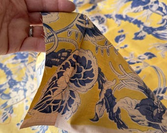 7.11yds French Chintz Fabric Yellow Blue Botanical Vintage Fabric