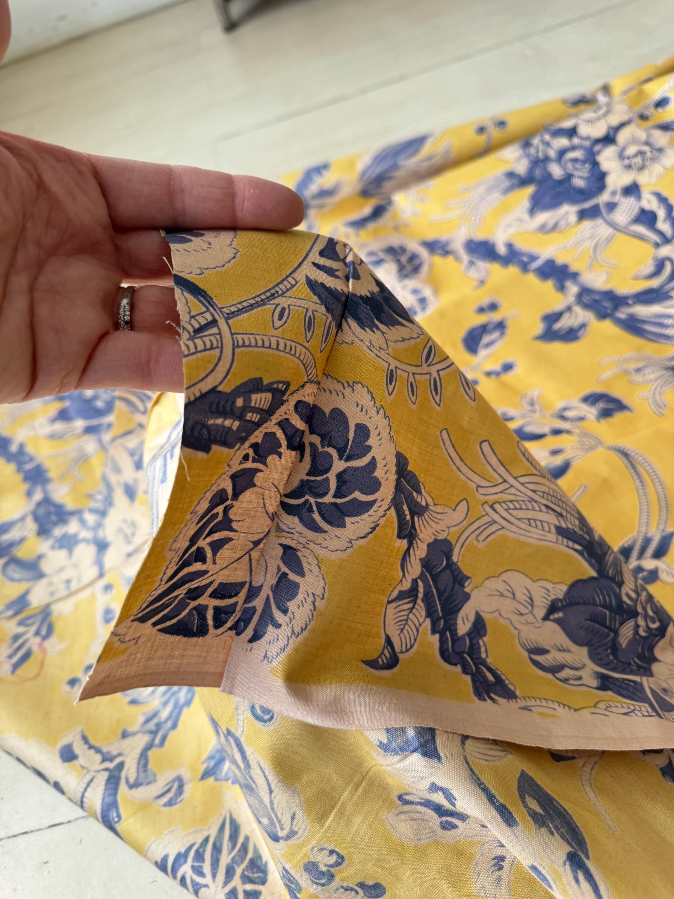 7.11yds French Chintz Fabric Yellow Blue Botanical Vintage Fabric