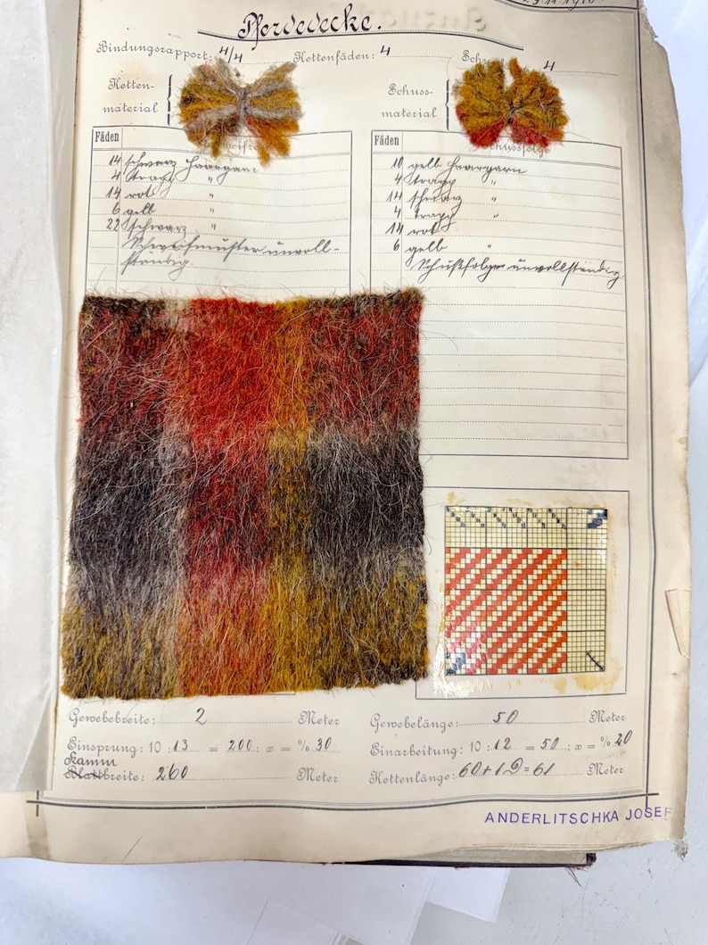 May include: A close-up of a fabric sample card with a red, orange, yellow, and brown wool fabric swatch. The card includes details about the fabric, such as the weave, yarn count, and length. The text on the card is in German.