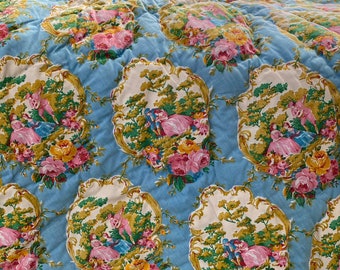 Large Vintage French quilt Wholecloth whole cloth textile blue toile design