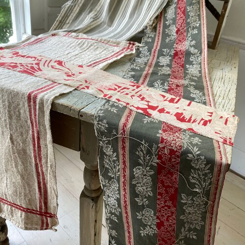 Vintage French Floral Fabric printed cotton striped grain sack linen cloth Project Bundle shops pack cuttings scraps pillow sewing projects lot
