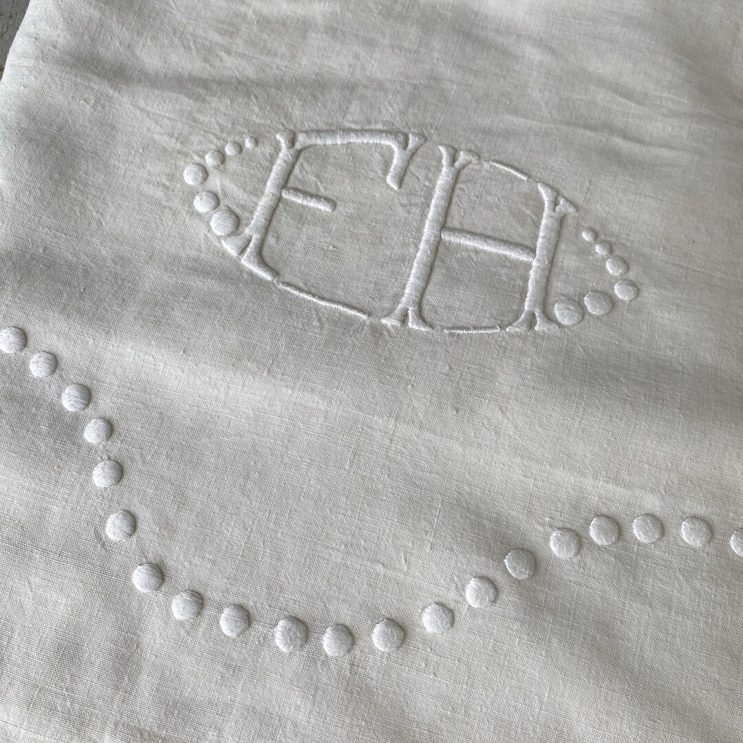 FINE FH Hand Stitched Monogram Polka Dot Embroidered French Linen Sheet