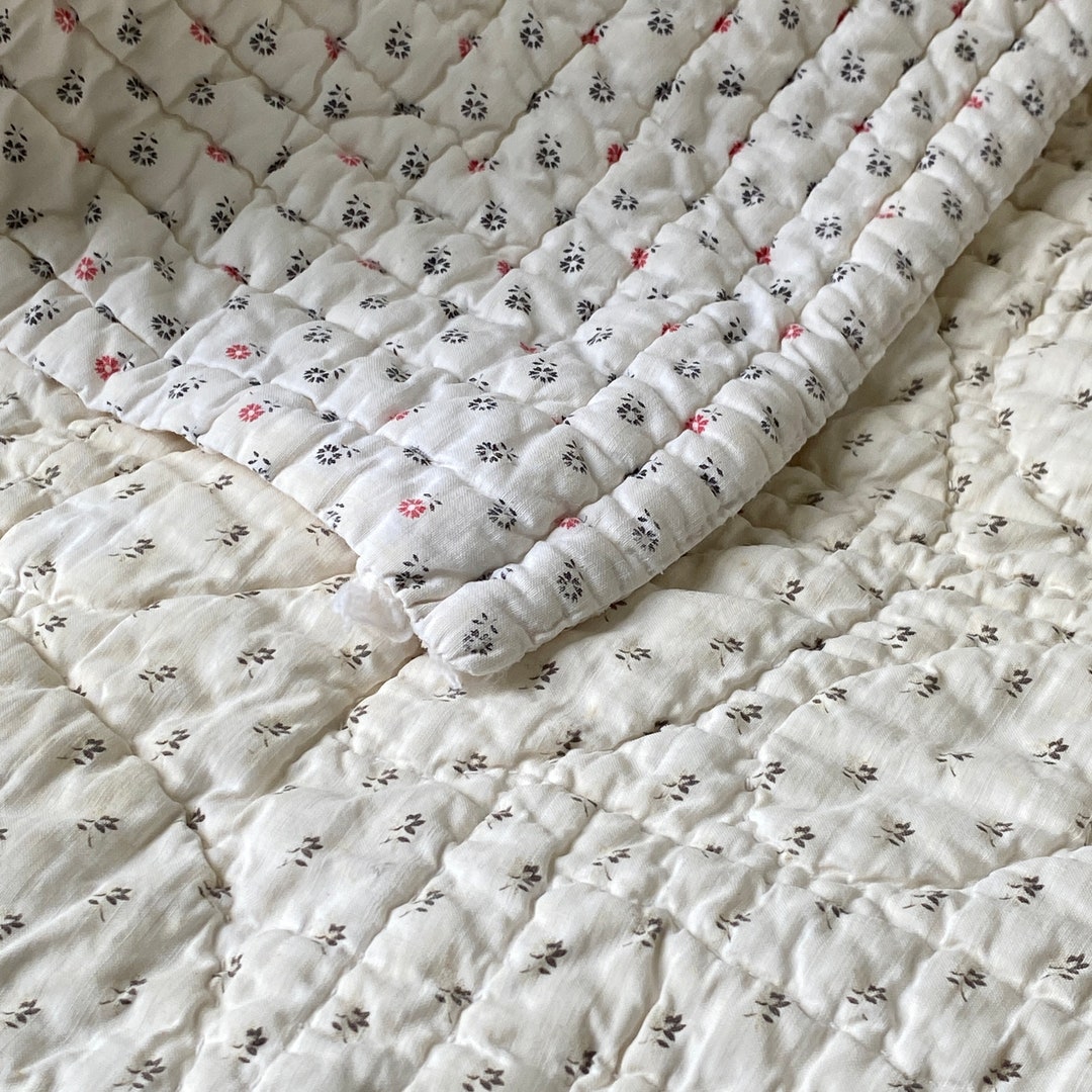 Antique French Boutis Piquee Quilt White Ground Small Scale Floral